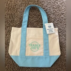 Trader Joe’s Mini Canvas Tote Bag in Pastel Blue and Cream